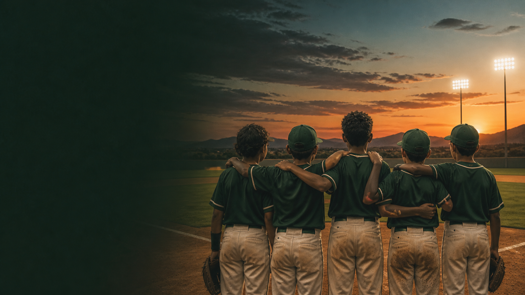 Middle school baseball players standing together beneath stadium lights at dusk