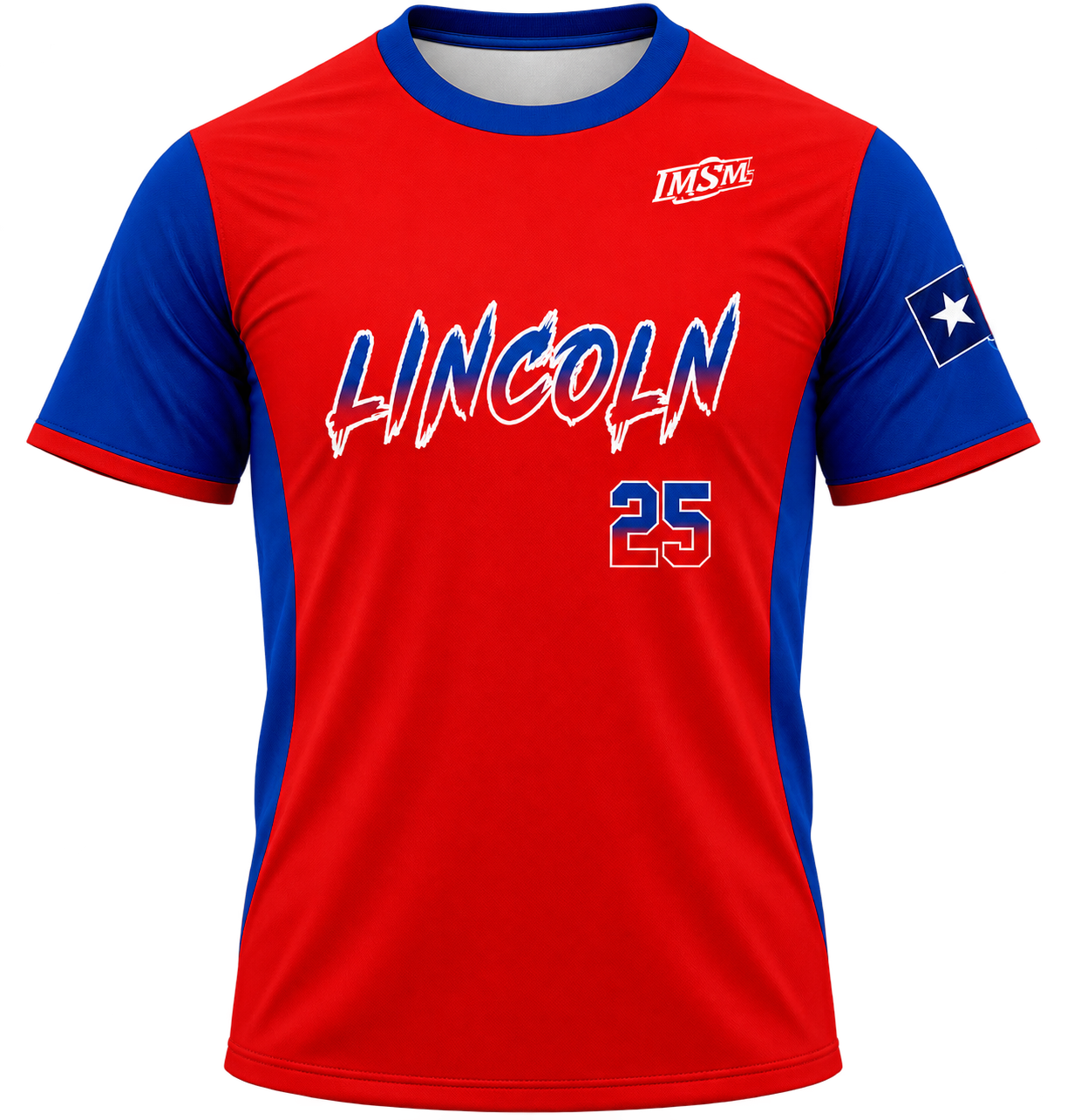 Lincoln baseball jersey in red and royal blue